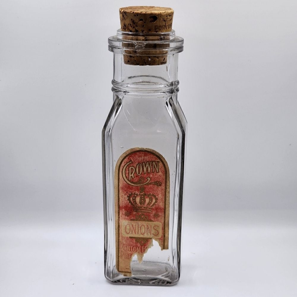 Vintage Crown Apothecary Bottle Paper Label Onions Cork Top